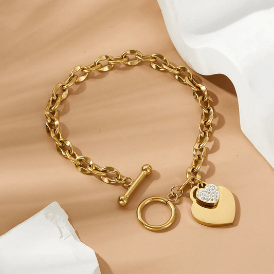 Elle CZ Heart Charmed Bracelet in 18k PVD Gold Plated