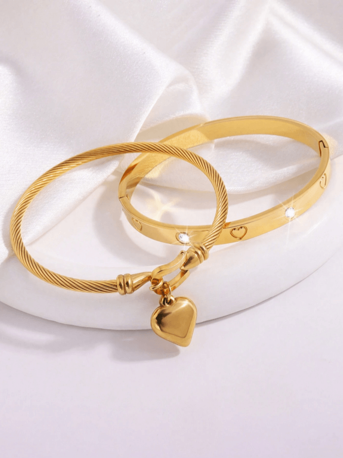 2 Pc Set Heart Charmed Bangle Bracelet in 18k Gold Vermeil and White Gold Finish