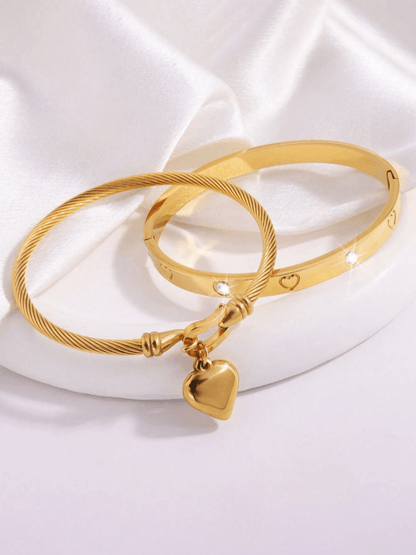 2 Pc Set Heart Charmed Bangle Bracelet in 18k Gold Vermeil and White Gold Finish