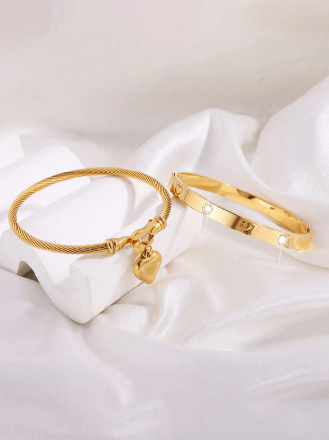 2 Pc Set Heart Charmed Bangle Bracelet in 18k Gold Vermeil and White Gold Finish