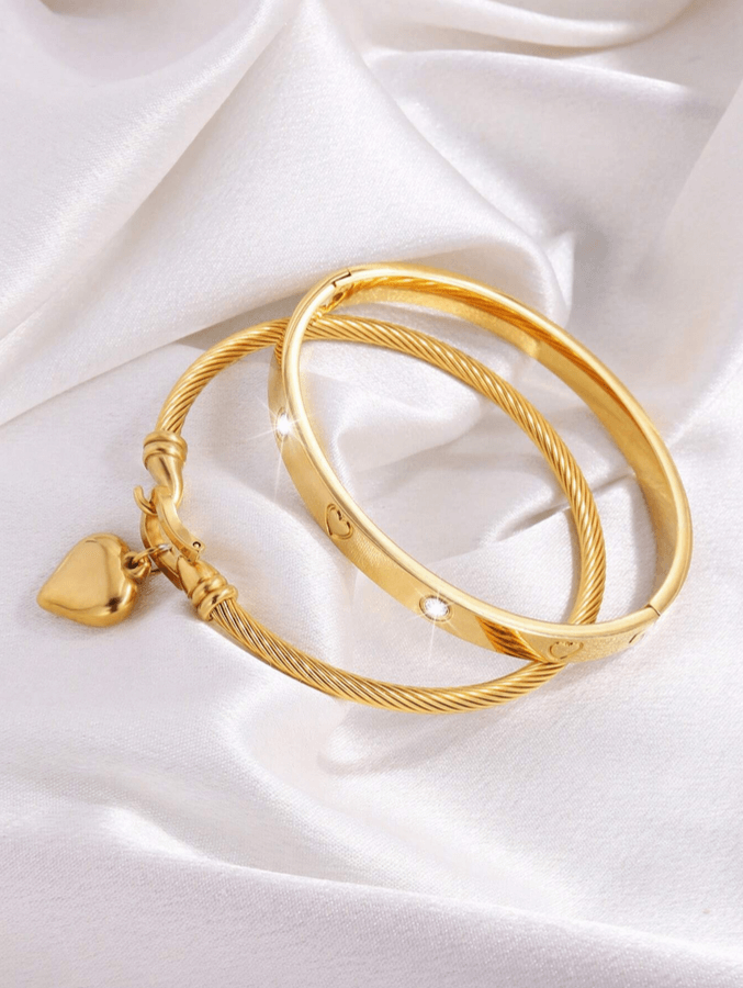 2 Pc Set Heart Charmed Bangle Bracelet in 18k Gold Vermeil and White Gold Finish