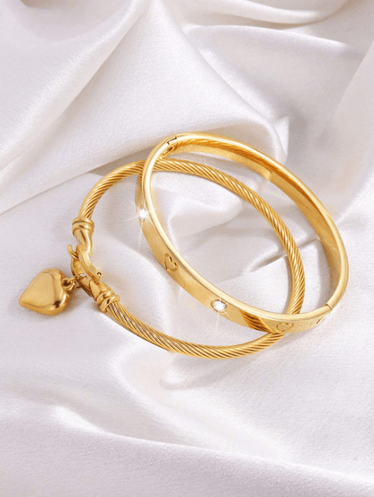 2 Pc Set Heart Charmed Bangle Bracelet in 18k Gold Vermeil and White Gold Finish