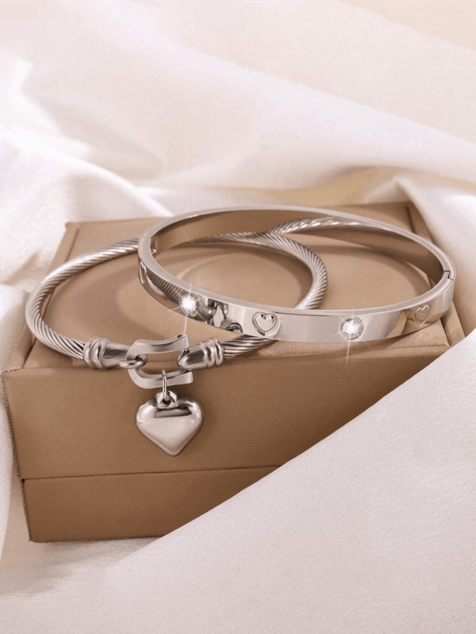 2 Pc Set Heart Charmed Bangle Bracelet in 18k Gold Vermeil and White Gold Finish