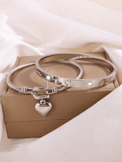 2 Pc Set Heart Charmed Bangle Bracelet in 18k Gold Vermeil and White Gold Finish