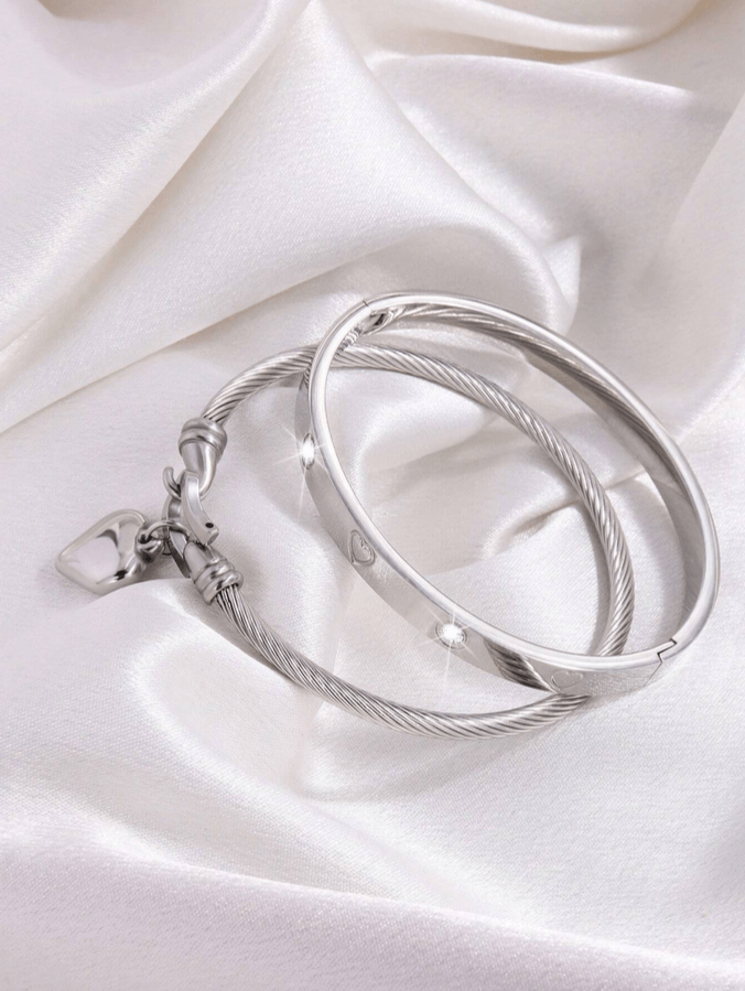 2 Pc Set Heart Charmed Bangle Bracelet in 18k Gold Vermeil and White Gold Finish