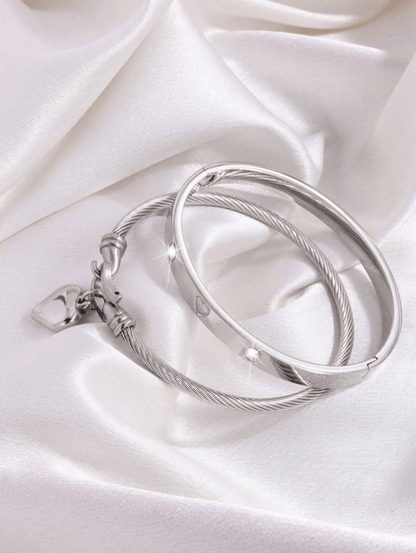 2 Pc Set Heart Charmed Bangle Bracelet in 18k Gold Vermeil and White Gold Finish