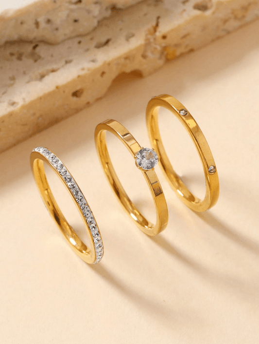 Elle CZ Minimalist 3 Pc Ring Set in Vermeil Gold Plated