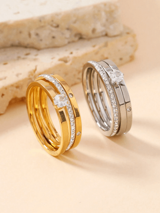 Elle CZ Minimalist 3 Pc Ring Set in Vermeil Gold and White Gold Plated