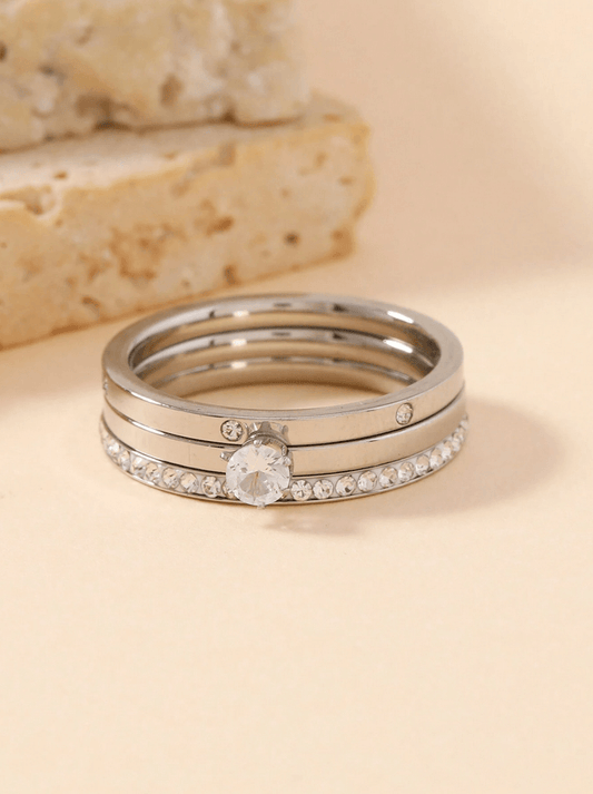 Elle CZ Minimalist 3 Pc Ring Set in Vermeil Gold and White Gold Plated
