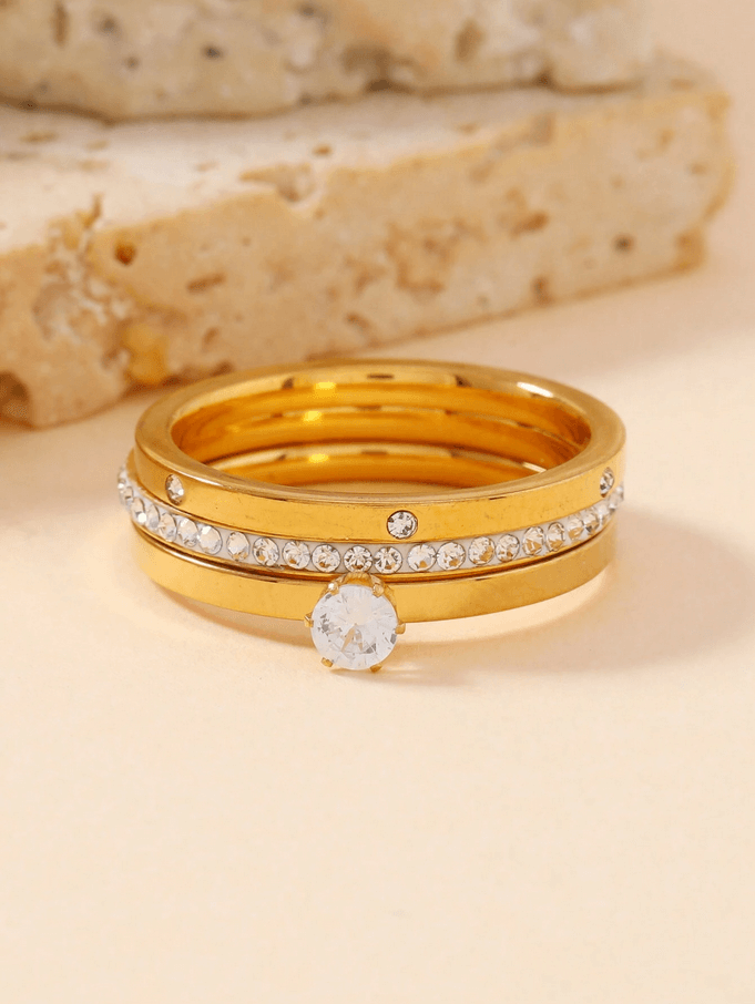 Elle CZ Minimalist 3 Pc Ring Set in Vermeil Gold Plated