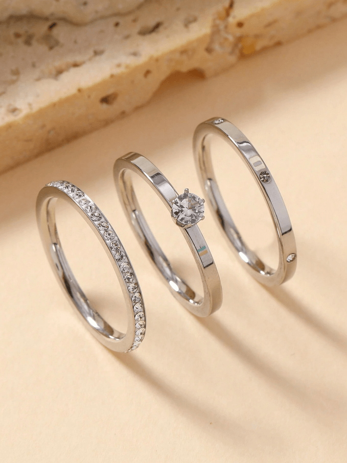 Elle CZ Minimalist 3 Pc Ring Set in Vermeil White Gold Plated