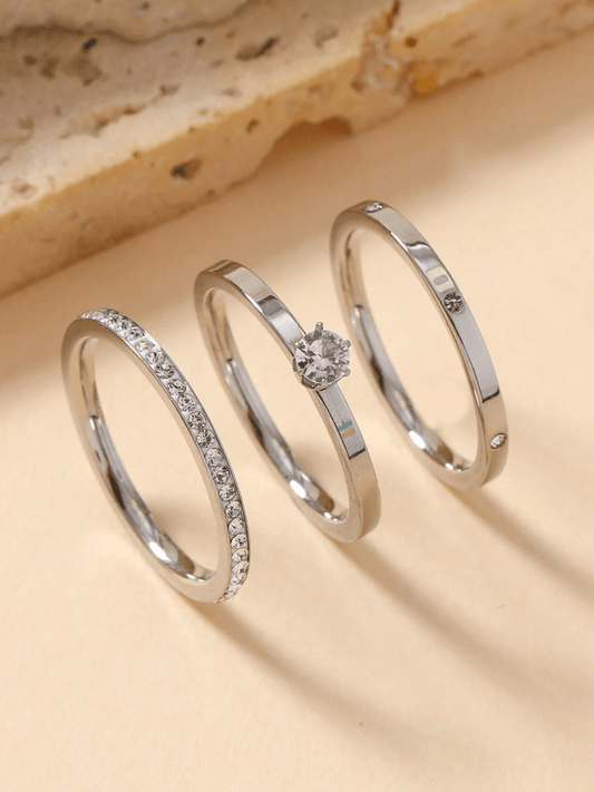 Elle CZ Minimalist 3 Pc Ring Set in Vermeil White Gold Plated