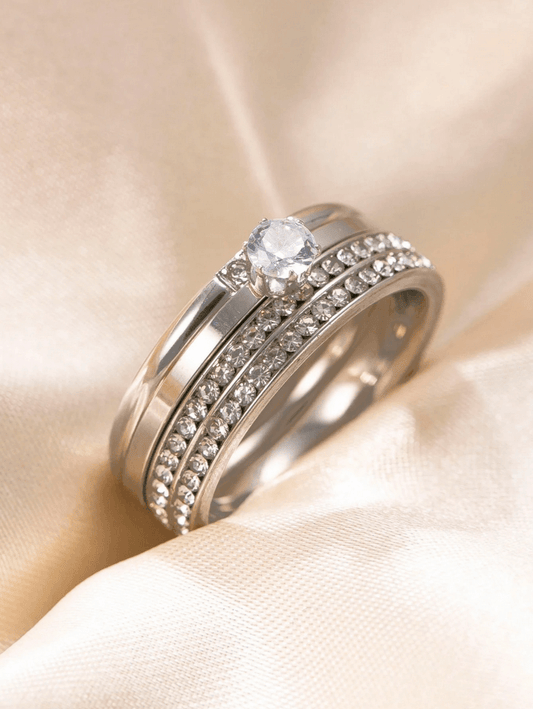 Elle CZ Minimalist 3 Pc Ring Set in Vermeil White Gold Plated