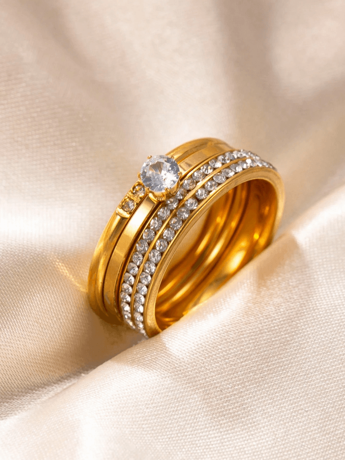 Elle CZ Minimalist 3 Pc Ring Set in Vermeil Gold Plated