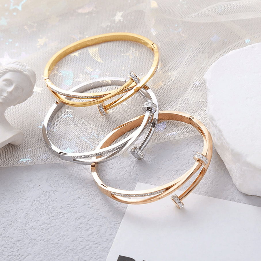 CZ Geometric Bangle Bracelet in 18k Gold Vermeil and White Gold Finish