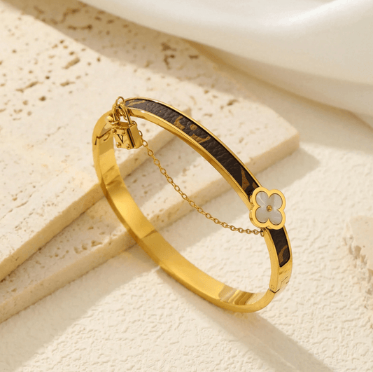 Elle Four Leaf and Lock Charm Bangle Bracelet in Vermeil Gold