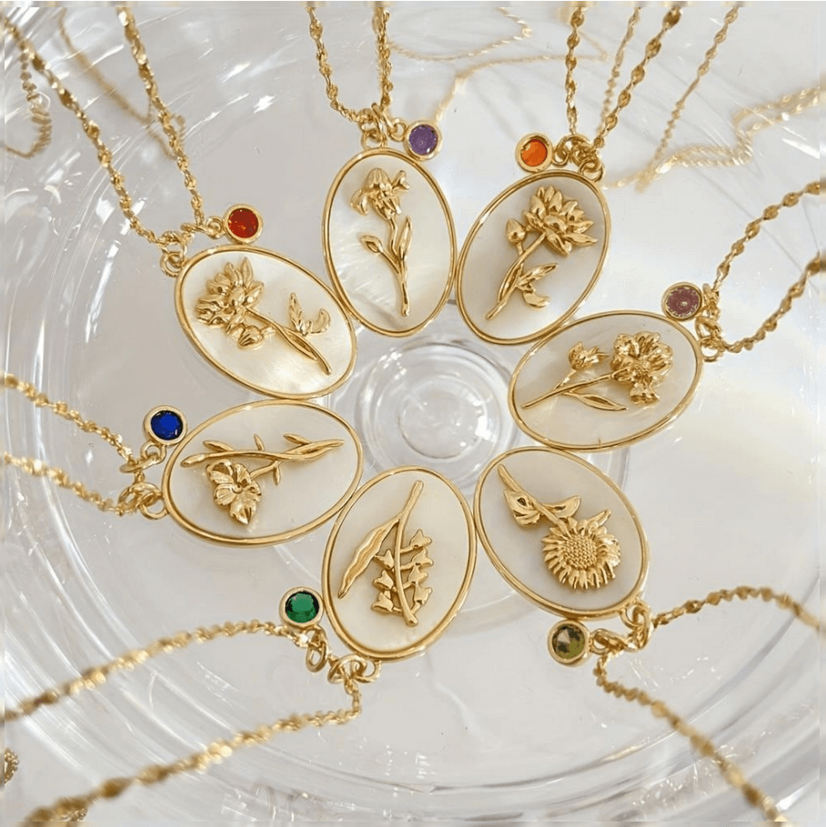 Elle Timeless Birthstone & Birthfllower Necklace in Vermeil Gold Plated
