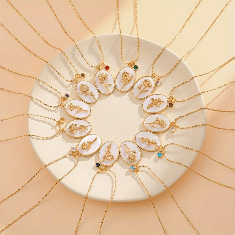 Elle Timeless Birthstone & Birthfllower Necklace in Vermeil Gold Plated