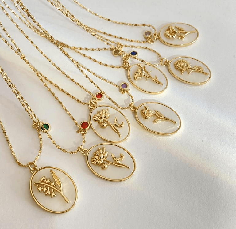 Elle Timeless Birthstone & Birthfllower Necklace in Vermeil Gold Plated