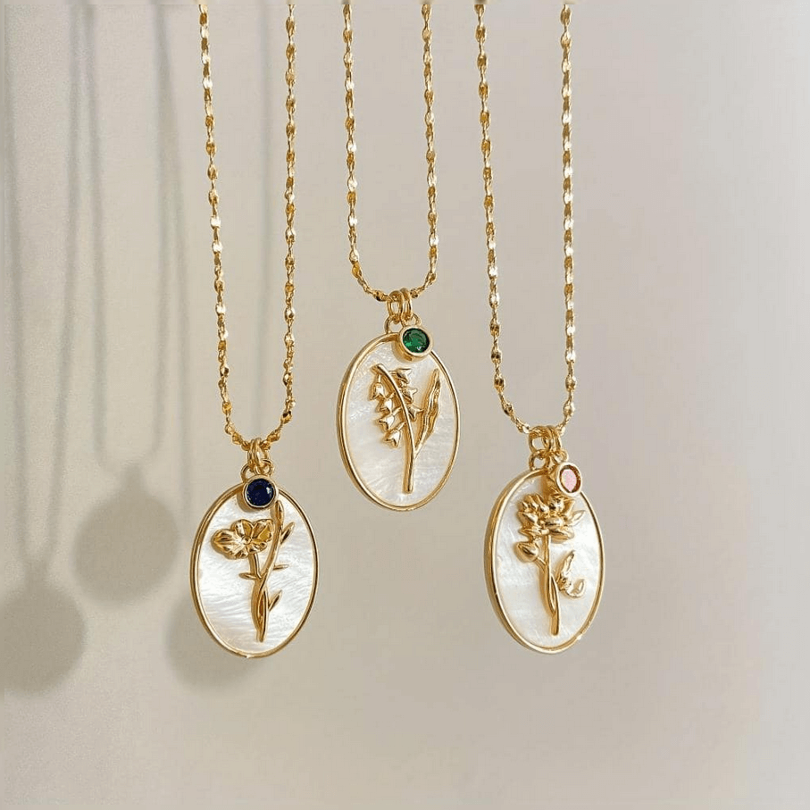 Elle Timeless Birthstone & Birthfllower Necklace in Vermeil Gold Plated