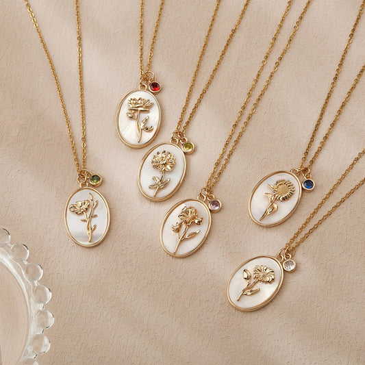 Elle Timeless Birthstone & Birthfllower Necklace in Vermeil Gold Plated