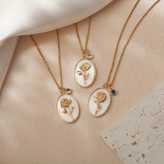 Elle Timeless Birthstone & Birthfllower Necklace in Vermeil Gold Plated