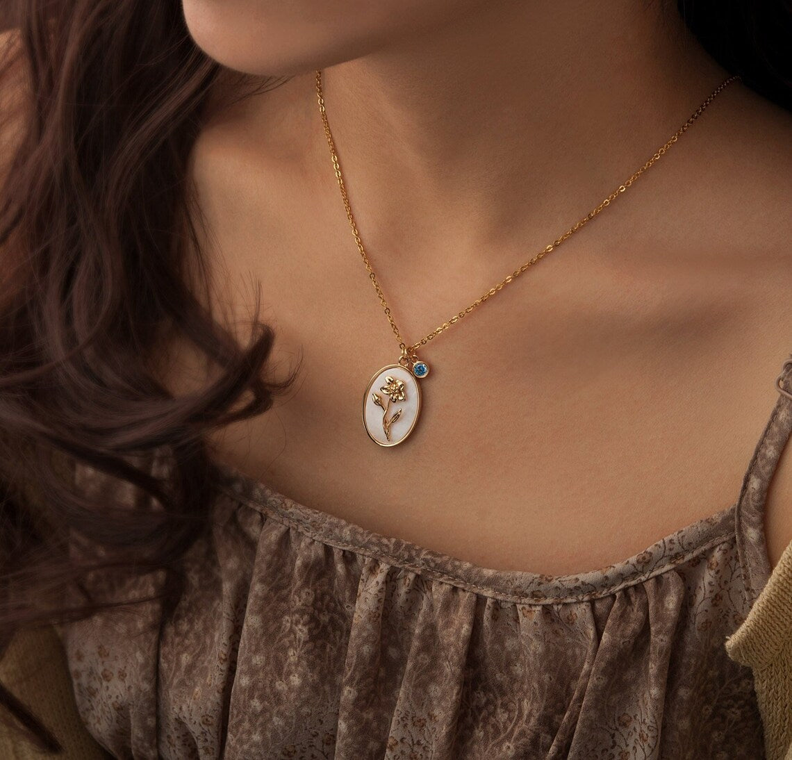 Elle Timeless Birthstone & Birthfllower Necklace in Vermeil Gold Plated