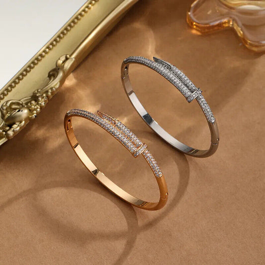CZ Elegant Bangle Bracelet in 18k Gold Vermeil and White Gold Finish