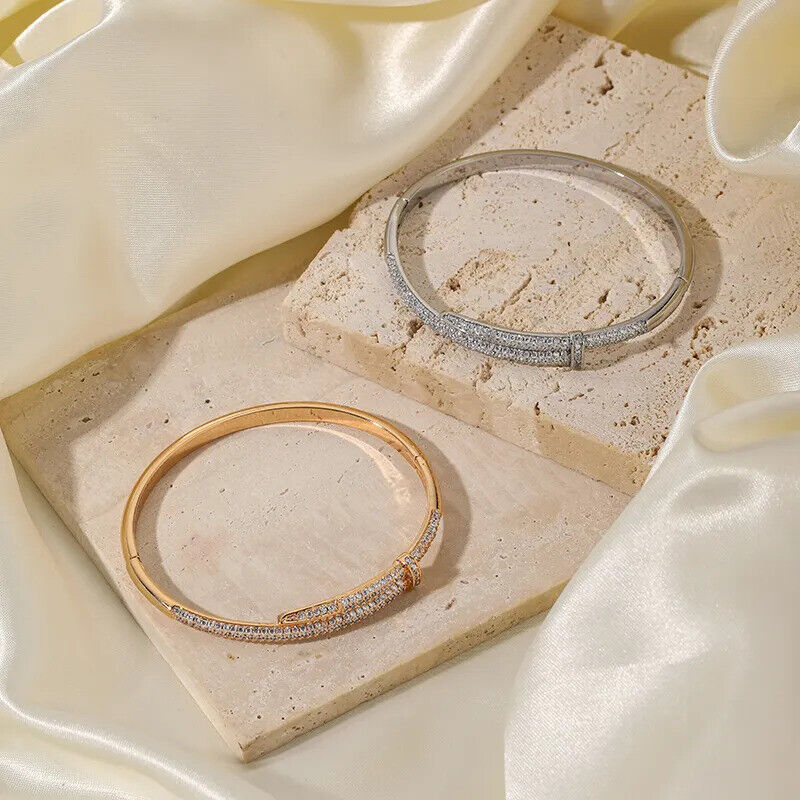 CZ Elegant Bangle Bracelet in 18k Gold Vermeil and White Gold Finish