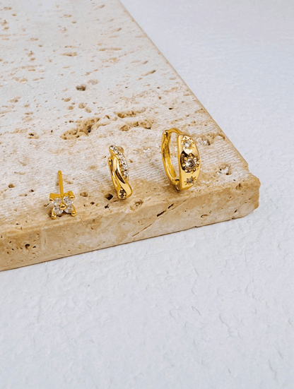 Elle CZ 3 Pairs Stackable Hoop & Stud Earrings in 18k Gold Vermeil