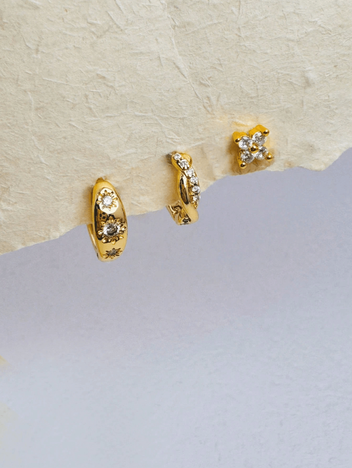 Elle CZ 3 Pairs Stackable Hoop & Stud Earrings in 18k Gold Vermeil