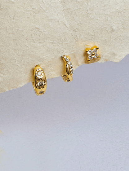 Elle CZ 3 Pairs Stackable Hoop & Stud Earrings in 18k Gold Vermeil