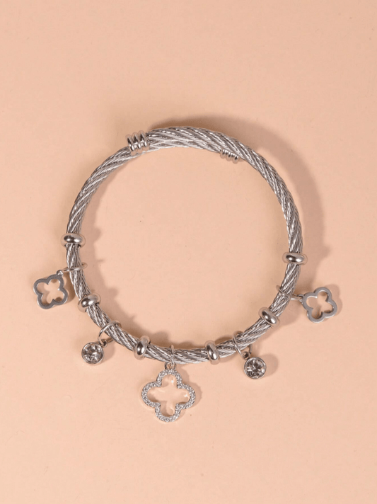 Premium Charmed Bangle Bracelet in White Gold Finish