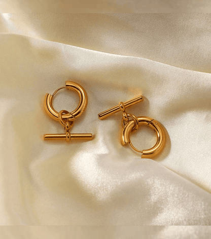 Elle Geometric T-Bar Design Earrings in 18k Gold Vermeil and White Gold Finish
