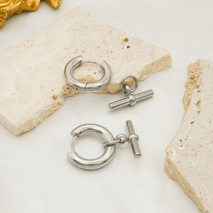 Elle Geometric T-Bar Design Earrings in 18k Gold Vermeil and White Gold Finish