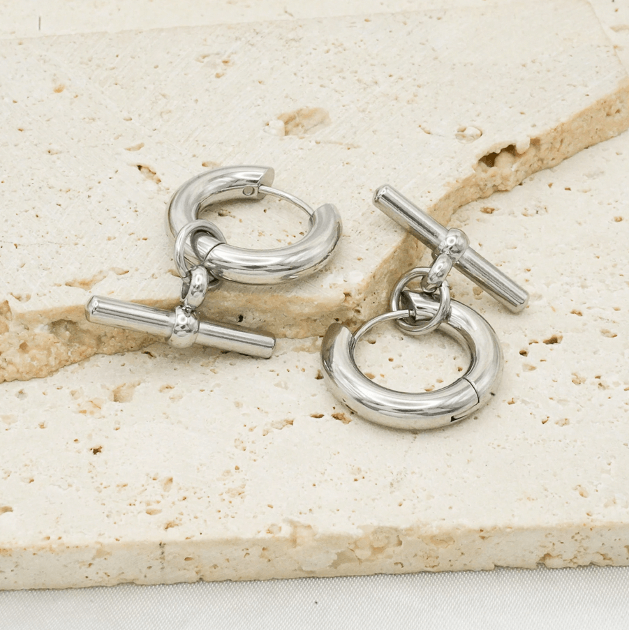 Elle Geometric T-Bar Design Earrings in 18k Gold Vermeil and White Gold Finish