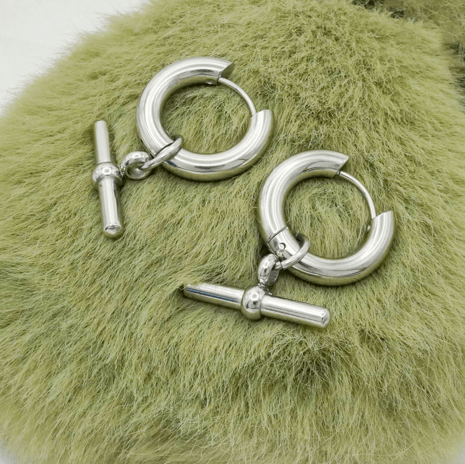 Elle Geometric T-Bar Design Earrings in 18k Gold Vermeil and White Gold Finish