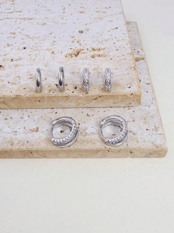 Elle 3 Pairs Stackable Hoop Earrings in 18k White Gold Vermeil