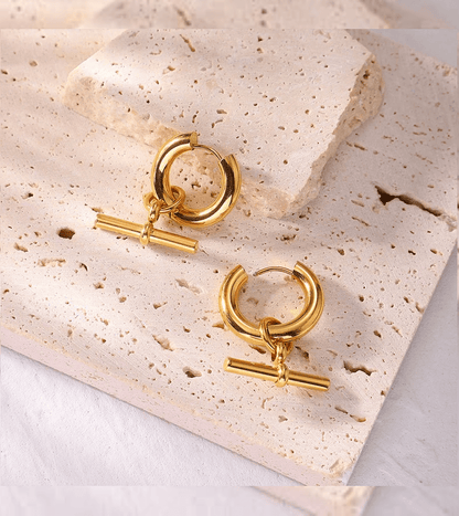 Elle Geometric T-Bar Design Earrings in 18k Gold Vermeil and White Gold Finish