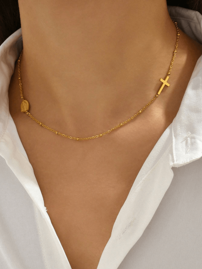 Elle Cross and Vigin Mary Design Pendant Necklace in 18k PVD Gold Plated