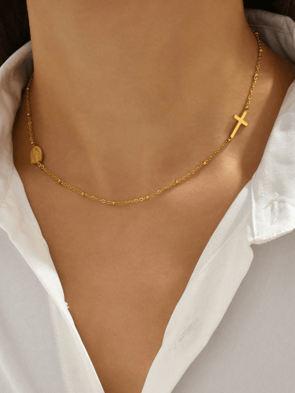 Elle Cross and Vigin Mary Design Pendant Necklace in 18k PVD Gold Plated