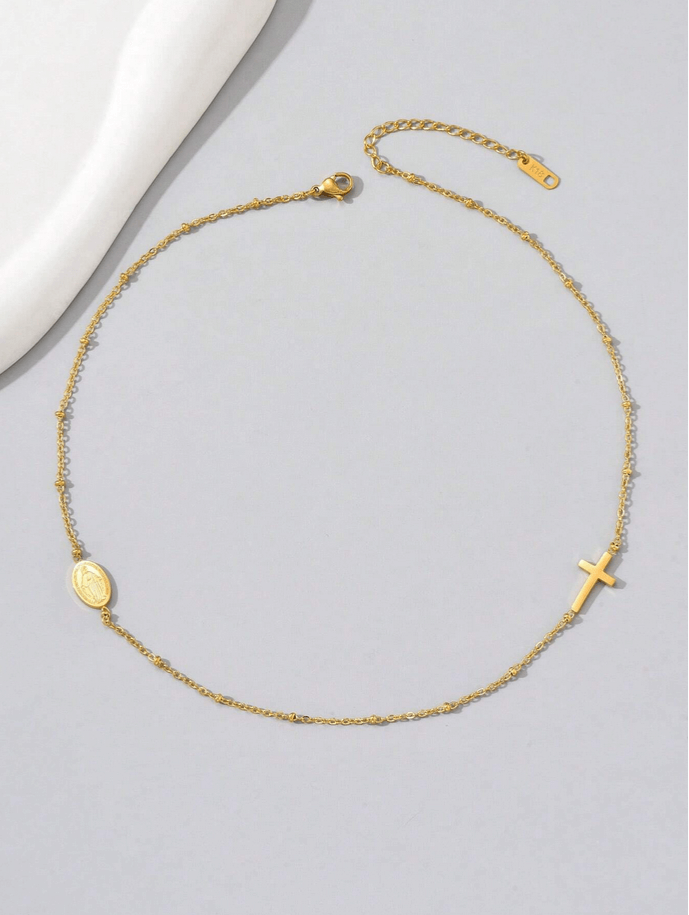 Elle Cross and Vigin Mary Design Pendant Necklace in 18k PVD Gold Plated