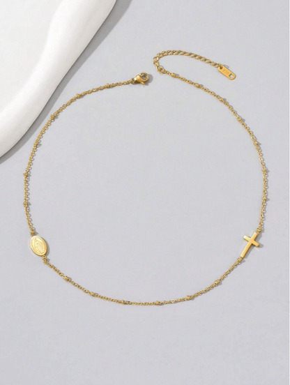 Elle Cross and Vigin Mary Design Pendant Necklace in 18k PVD Gold Plated