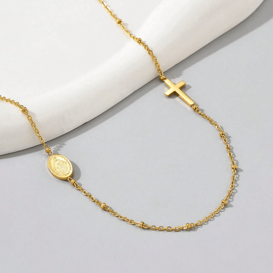 Elle Cross and Vigin Mary Design Pendant Necklace in 18k PVD Gold Plated