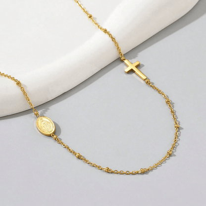 Elle Cross and Vigin Mary Design Pendant Necklace in 18k PVD Gold Plated