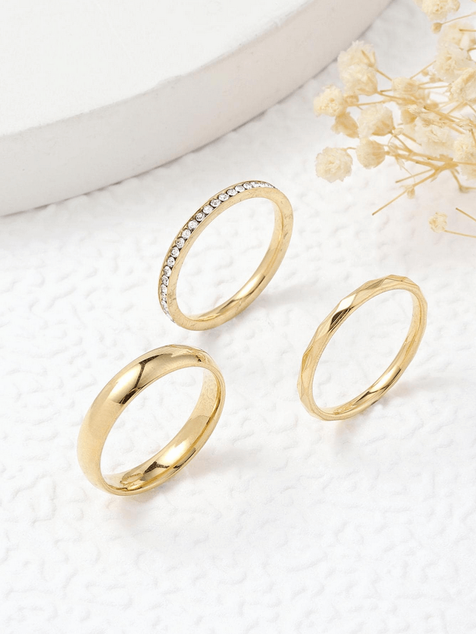 Elle CZ Minimalist 3 Pc Ring Set in 18k PVD Gold and White Gold Plated