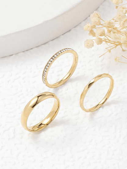 Elle CZ Minimalist 3 Pc Ring Set in 18k PVD Gold and White Gold Plated