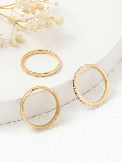 Elle CZ Minimalist 3 Pc Ring Set in 18k PVD Gold and White Gold Plated