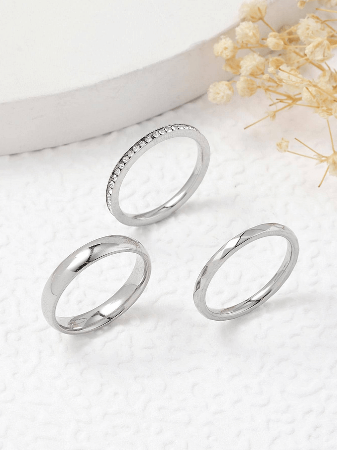 Elle CZ Minimalist 3 Pc Ring Set in 18k PVD Gold and White Gold Plated