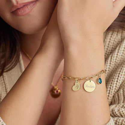 Personalized Engraved Name W/ Birthstone and Heart Charm Bracelet With Birthstone Charms #0042